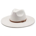 Detail of cream faux suede fedora featuring a brown leather band and gold buckle - M(56-59CM) / Off White