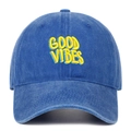 Close-up of yellow 3D GOOD VIBES embroidery on washed blue cotton baseball cap - Dark Blue