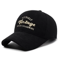 Black corduroy baseball cap featuring vintage embroidery and textured ribbed finish - Adjustable / Black with Gold Embroidery