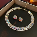 Golden jewelry set with multi-colored crystals including a double necklace and stud earrings - Necklace And Earrings - Gold (Two-Piece Set)
