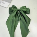 Elegant deep green satin bow hair clip with long ribbons and a silk-like finish - Olive Green