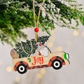 Addobbo natalizio in legno camioncino con gnomo e scritta Joy sul ramo di pino - Modello C-JOY-Camion dell'Albero di Natale