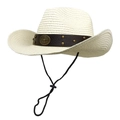 Breathable straw cowboy sun hat with bull head emblem and adjustable wind lanyard - M (56-58cm) / Creamy White