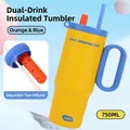 750ml insulated stainless steel tumbler in blue and yellow with tea infuser and straw - Yellow 750ml