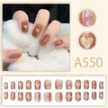 Detail of A550 brown press-on nails with yellow heart designs and purple glitter flakes - Coffee Milk Tea Yellow Heart Style (A550)