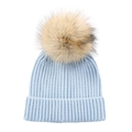 Winter light blue knit beanie for kids with vertical stripes and a faux fur pom pom - Light Blue