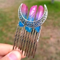 Detailed shot of bridal hair comb with pink blue crystals and silver moon accent - Pink Blue + 10-Tooth Comb