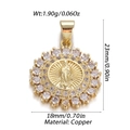 Detailed size view of a gold-plated copper pendant with religious relief and crystals - Round Religious Relief