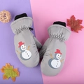 Grey waterproof winter mittens for kids featuring a cute snowman design and drawstrings - One Size / Grey Snowman / 3-6 Years