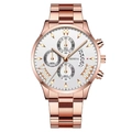 Rose gold Geneva men's steel watch with white dial, chronograph sub-dials and calendar - White Dial Rose Gold Hands Rose Gold Band (Flat End)