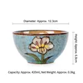 Sky blue ceramic bowl with white flower pattern and speckled kiln glaze finish - 4.8 Inch / GK Blue Retro