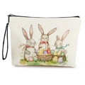 Cremefarbene Make-up Tasche mit Osterhasen-Aquarellprint und schwarzer Handschlaufe - Drei Hasen mit Korb Stil (Stil 3)