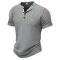 Grey waffle knit Henley shirt for men with orange contrast stitching and three buttons - S / Light Gray