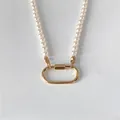 Retro 14K vergoldete Edelstahlkette mit Perlen und einem ovalen Anhänger - Großer Karabiner Perlenkette (XNL0043-2) / 14K-Gold