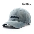 Light blue denim baseball cap with vintage CONQUER 3D letter embroidery in navy - Light Blue