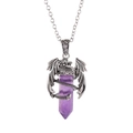 Silver dragon necklace featuring a hexagonal purple amethyst crystal pendant on white background - Amethyst