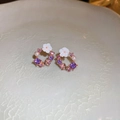 Rose gold C-shaped earrings with white shell flower, pink stones and small pearls - Purple Shell Flower Pearl Style (29#)