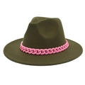 Olive green fedora hat with vibrant pink plastic chain band on a white background - Army Green