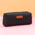Minimalist black pleated cotton linen pencil case with basic leather patch for students - Black Houndstooth