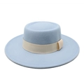 Detailed view of the light blue wool felt flat top hat with a beige decorative band - M (56-58cm) / Sky Blue with Beige Ribbon