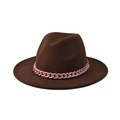 Dettaglio di un cappello fedora in lana marrone scuro con decorazione a catena rosa acceso - Taglia unica (54-60 cm) / Marrone Scuro (02)