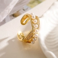 Elegant 18K gold-plated wave ring with rows of pearls and sparkling zircon accents - Adjustable Open / Double-row Pearl Wave Style (13916) / Gold