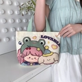 Mini borsa tote in tela beige con manici verdi e simpatica illustrazione di ragazza - Sorella rana