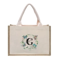 Linen canvas tote bag with pink handles and floral letter G print in beige finish - Butterfly Floral Letter G