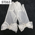 Detail of white mesh bridal gloves with satin bow and delicate faux pearl embellishments - White Mesh Satin Bowknot Pearl (ST063)