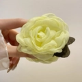 Pale yellow chiffon rose hair claw clip with dark green leaves on neutral background - Yellow Mesh Flower Claw Clip (15)