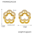 Detailansicht der goldenen Blumenohrringe mit Zirkon-Einsätzen und Maßenangaben - Gold-Weißer Zirkonia
