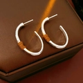 Gros plan de boucles d'oreilles ovales argentées mates avec cordon brun sur cuir - Tige en Argent-Argent (Enroulement Marron)