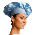 Light blue satin sleep cap for hair care, wide band silk bonnet shown on a model - Light Blue