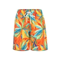 Men's beach shorts with tropical orange palm leaf print and adjustable drawstring waist - Orange Leaf Print