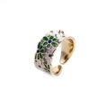 Anillo ajustable de cobre dorado con flores de esmalte verde y lavanda y pequeños cristales - Estilo Flor de Esmalte