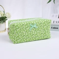 Green floral quilted makeup bag with zipper closure and cute bow detail decoration - With Bow / Green Flower