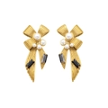 Close-up of gold bow earrings with white pearls and black rectangular gemstones - Bowknot with Pearl / Gold with Black Zircon