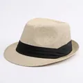 Classic beige straw Panama hat with black ribbon, sun protection for beach and travel - One Size Approx 56-58cm / Light Khaki