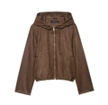 Detalle de una chaqueta bomber de ante marrón con cremallera metálica y cordón ajustable - XS / Marrón