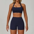 Donkerblauwe yogaset met haltertop en sportshort met hoge taille voor damesmode - S / BH Stijl 1 + Shorts / Kobaltblauw