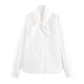 Elegante camicia bianca a maniche lunghe con fiocco al collo e bottoni di perla - XS / Bianco