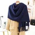Navy blue winter scarf with fringe details shown on a light brown coat display - 200*70cm / Fluffy Warm Tassel Style / Navy Blue
