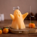 Orange ghost scented candle for Halloween decor on wood base with size dimensions - Chubby Orange (Wild Orange Blossom)