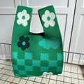 Green knit tote bag with flower and cloud patterns and checkerboard base detail - Xmas Green Small Clouds
