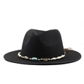 Black straw fedora hat for women with bohemian beaded band and seashell beach accents - Black