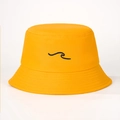Close-up of bright yellow cotton sun hat with wave embroidery detail and stitched brim - One Size / Yellow