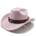Detail of pink faux suede cowboy hat with braided leather band and turquoise stone accent - M (56-58cm) / Pink