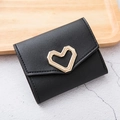 Mini black lychee grain wallet for women featuring a golden heart metal buckle - Black
