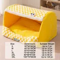 Semi-enclosed yellow plaid pet bed for cats and dogs with size chart reference - S (35x30x30cm) / Cartoon Eye Yellow Check Cat Nest / Bright yellow