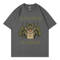 Dark gray cotton T-shirt featuring Alligator Alcatraz graphic print in a flat lay view - Dark Gray
